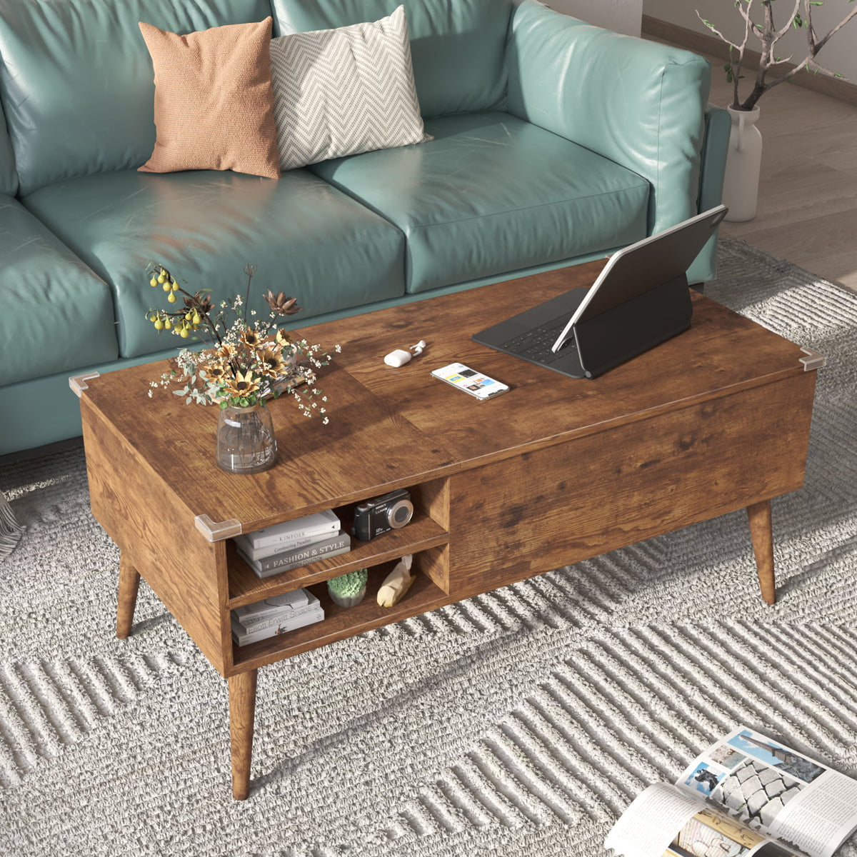 39-Inch Wood Lift Top Coffee Table with Hidden Compartment and Storage Shelf J556388