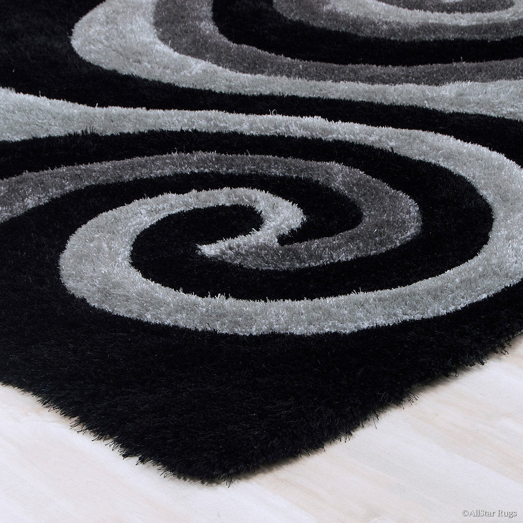 Grey Shaggy Area Rug with 3D Black Spiral Design 5' x 7' W45948