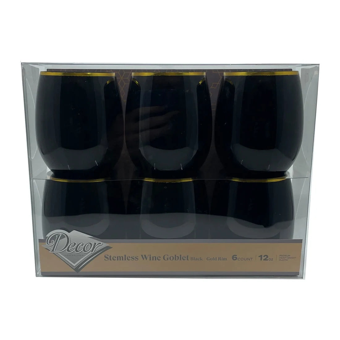 Stemless Plastic Wine Goblet 12 oz Black Gold Rim Pack of 12 M7210