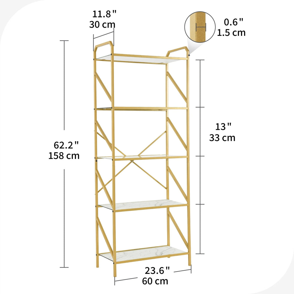 5-Tier 62-inch Gold Metal and Glass Bookshelf H717025