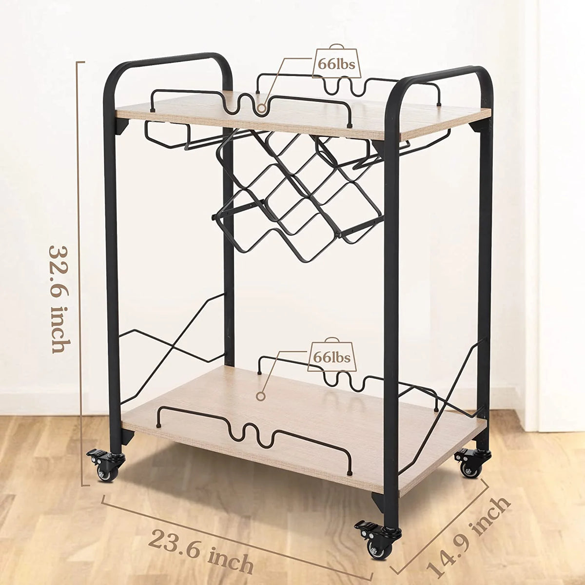 2-Tier Mobile Bar Cart with Wine Racks and Glass Holders D200322