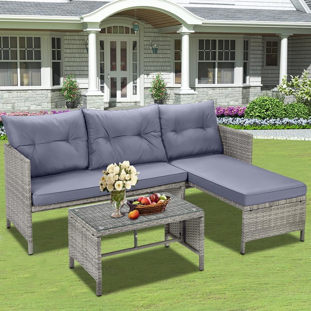 4 Piece PE Rattan Patio Sofa Set with Glass Table U995793