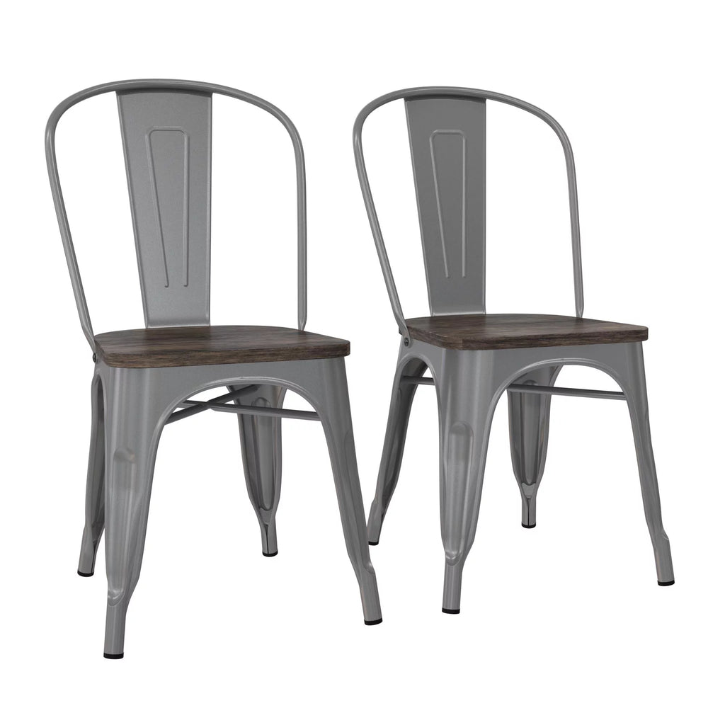 Stackable Metal Dining Chair with Wood Seat, Silver, Set of 2 E87231