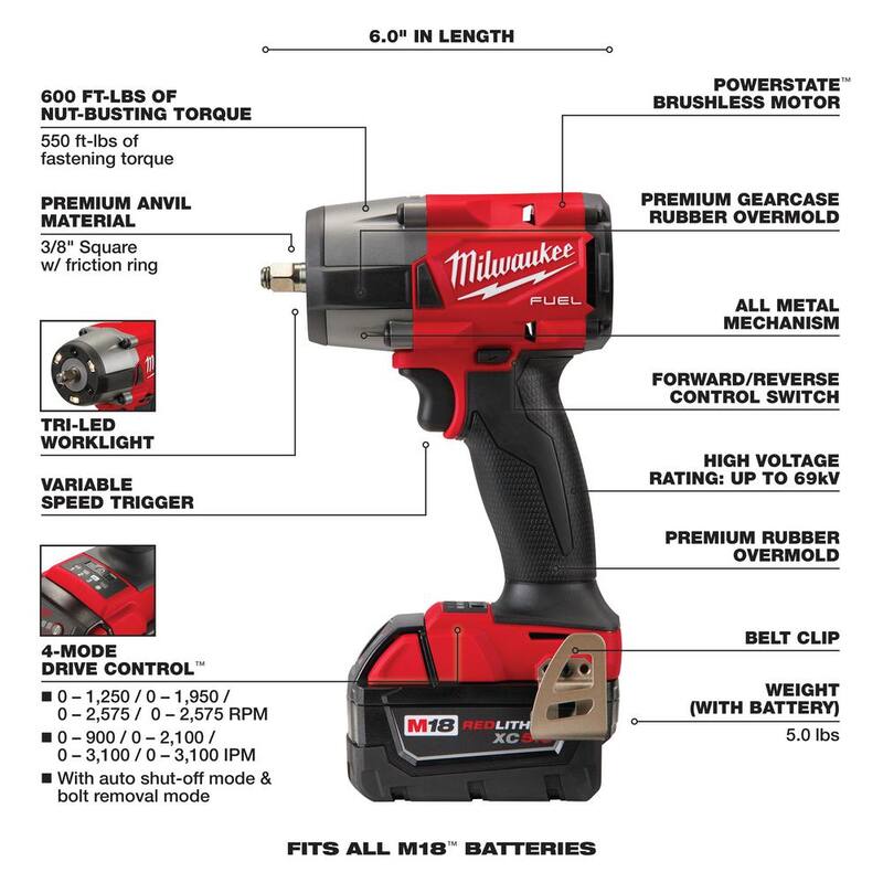 18V Lithium-Ion Brushless Cordless 3/8 in. Mid-Torque Impact Wrench Kit W269
