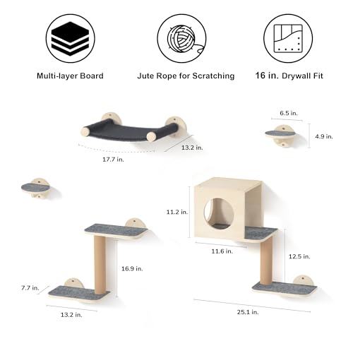 5-Piece Wooden Cat Wall Shelves with Hammock U3580