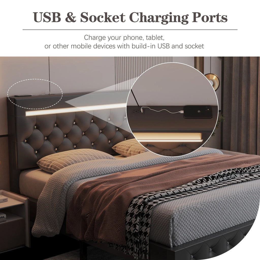 Queen Size Upholstered Platform Bed Frame with Headboard G84798
