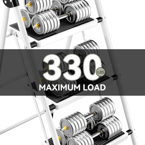4 Step Folding Steel Step Ladder with Handrails White U4464