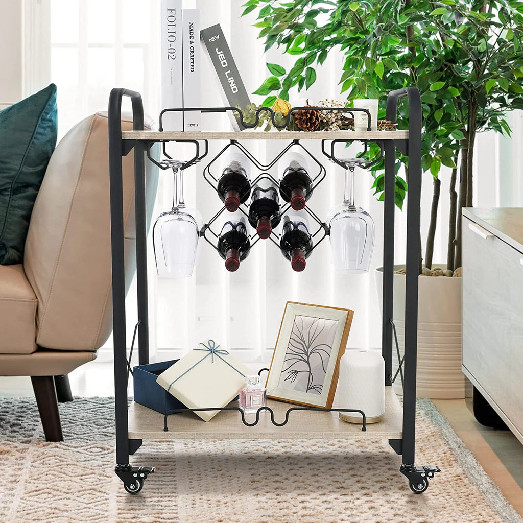 2-Tier Mobile Bar Cart with Wine Racks and Glass Holders D200322