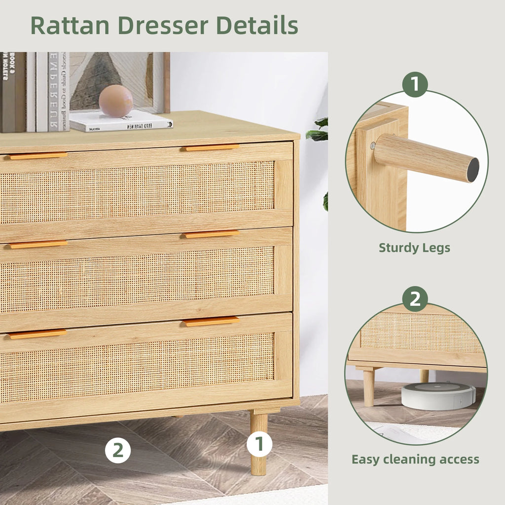 3 Drawer Rattan Wooden Dresser G630331