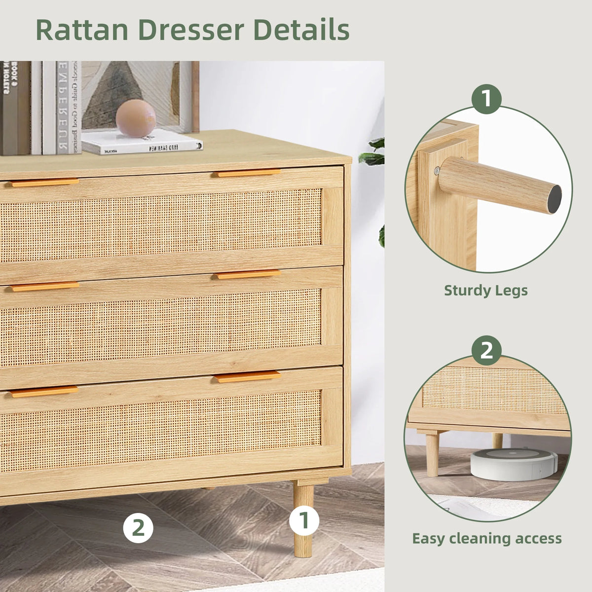 3 Drawer Rattan Wooden Dresser G630331
