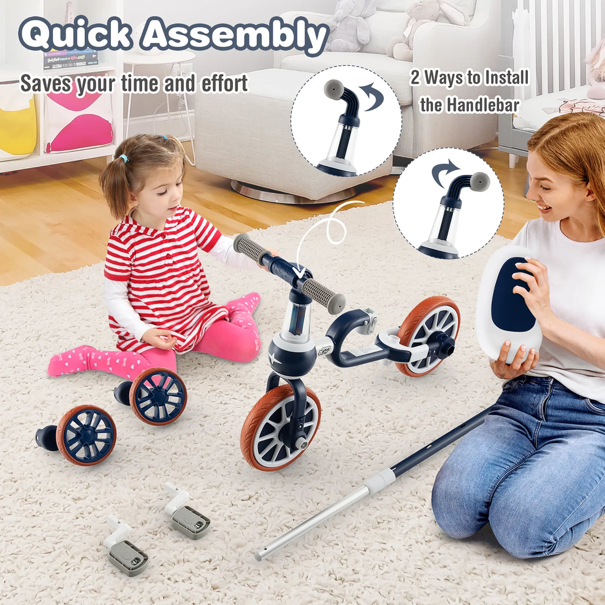 4 in 1 Kids Tricycles with Push Handle & Training Wheels Navy I7461