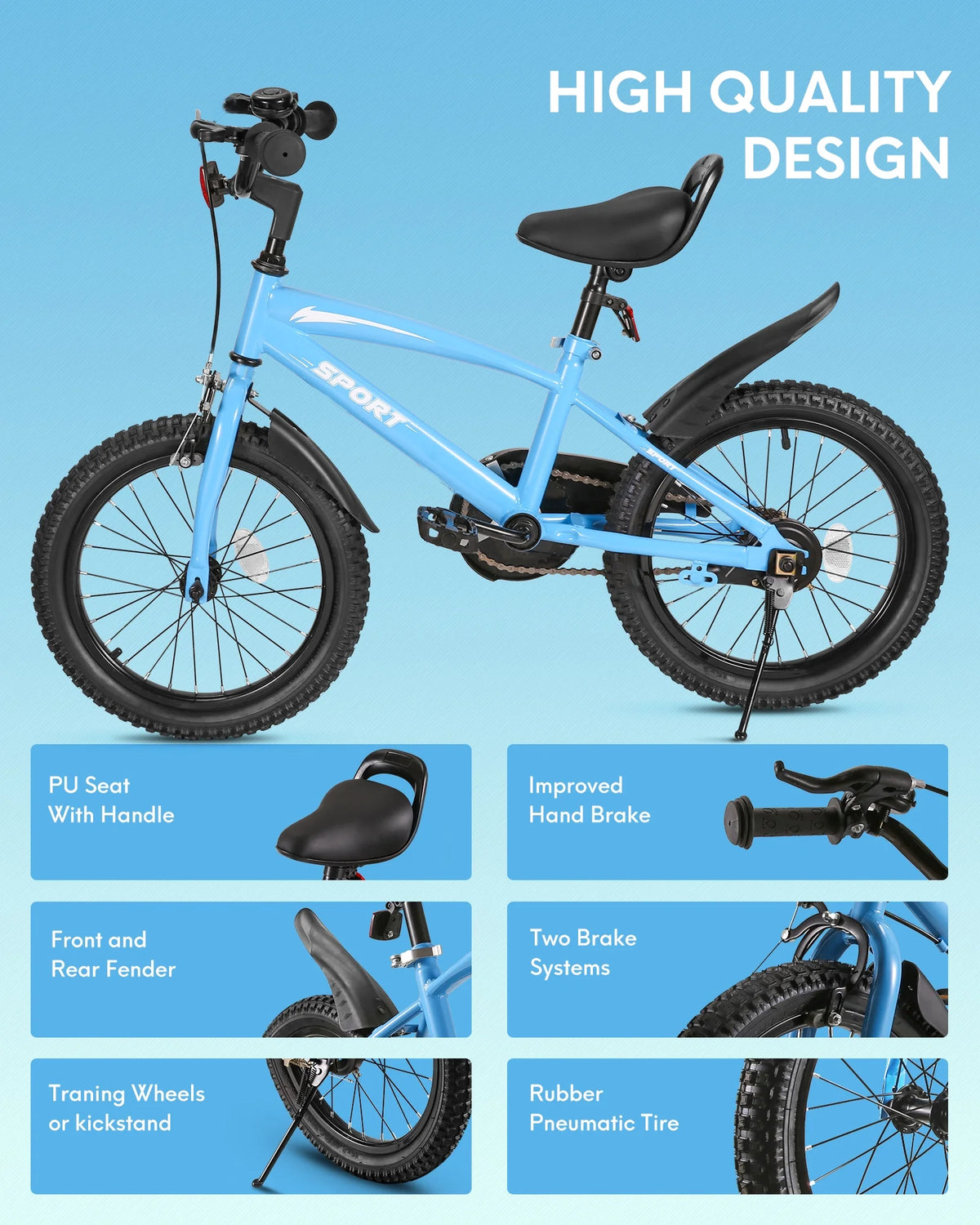 16 Inch Blue Kids Bike with Training Wheels C6035