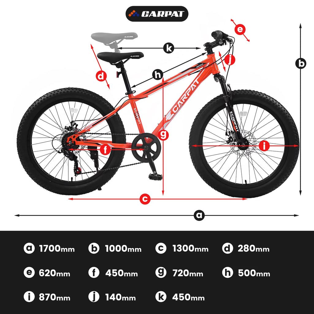 24 inch Fat Tire Mountain Bike, 7 Speeds, Dual Disc Brake, Orange B90532