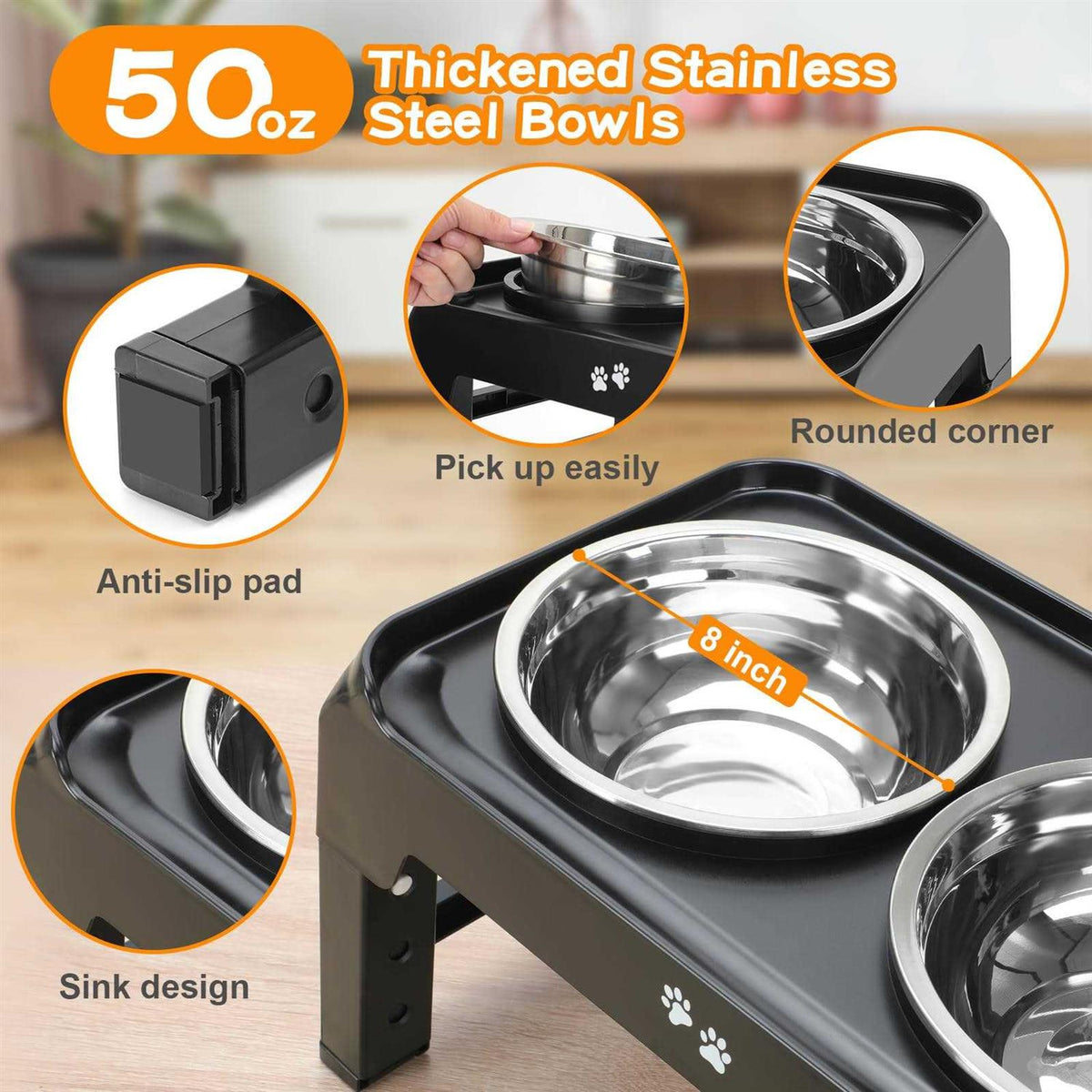 4 Height Adjustable Raised Dog Bowls with 2 Stainless Steel Bowls G693