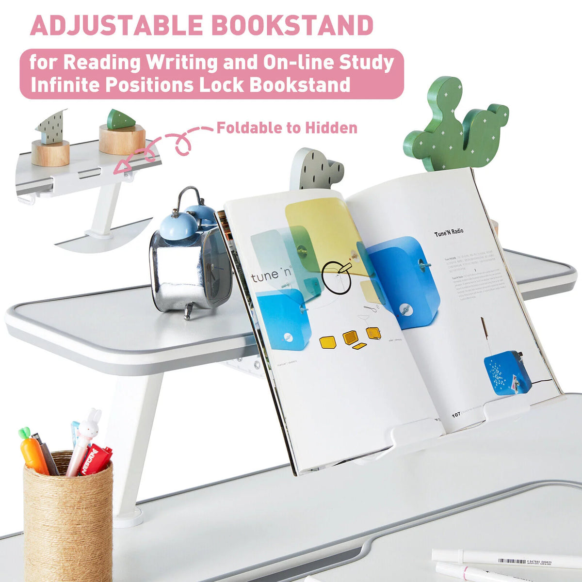 Kids Study Desk and Chair Set Adjustable with Drawer and Bookstand Pink S96106
