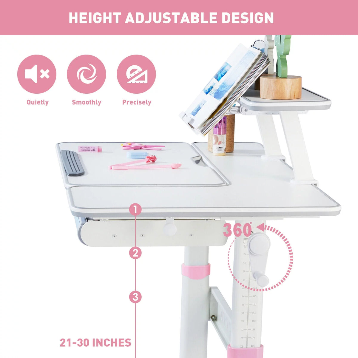 Kids Study Desk and Chair Set Adjustable with Drawer and Bookstand Pink S96106