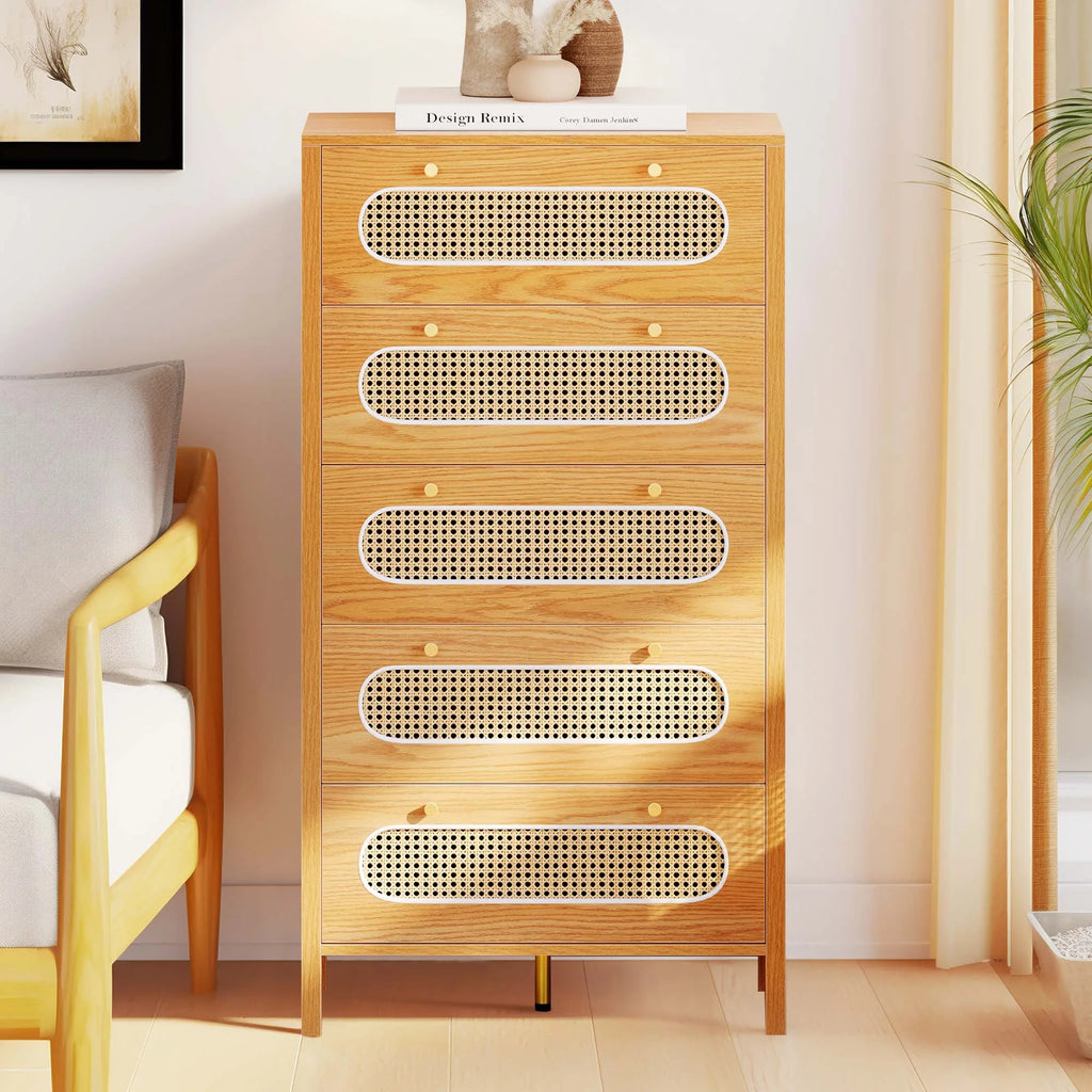 5 Drawer Tall Rattan Wood Dresser E126917