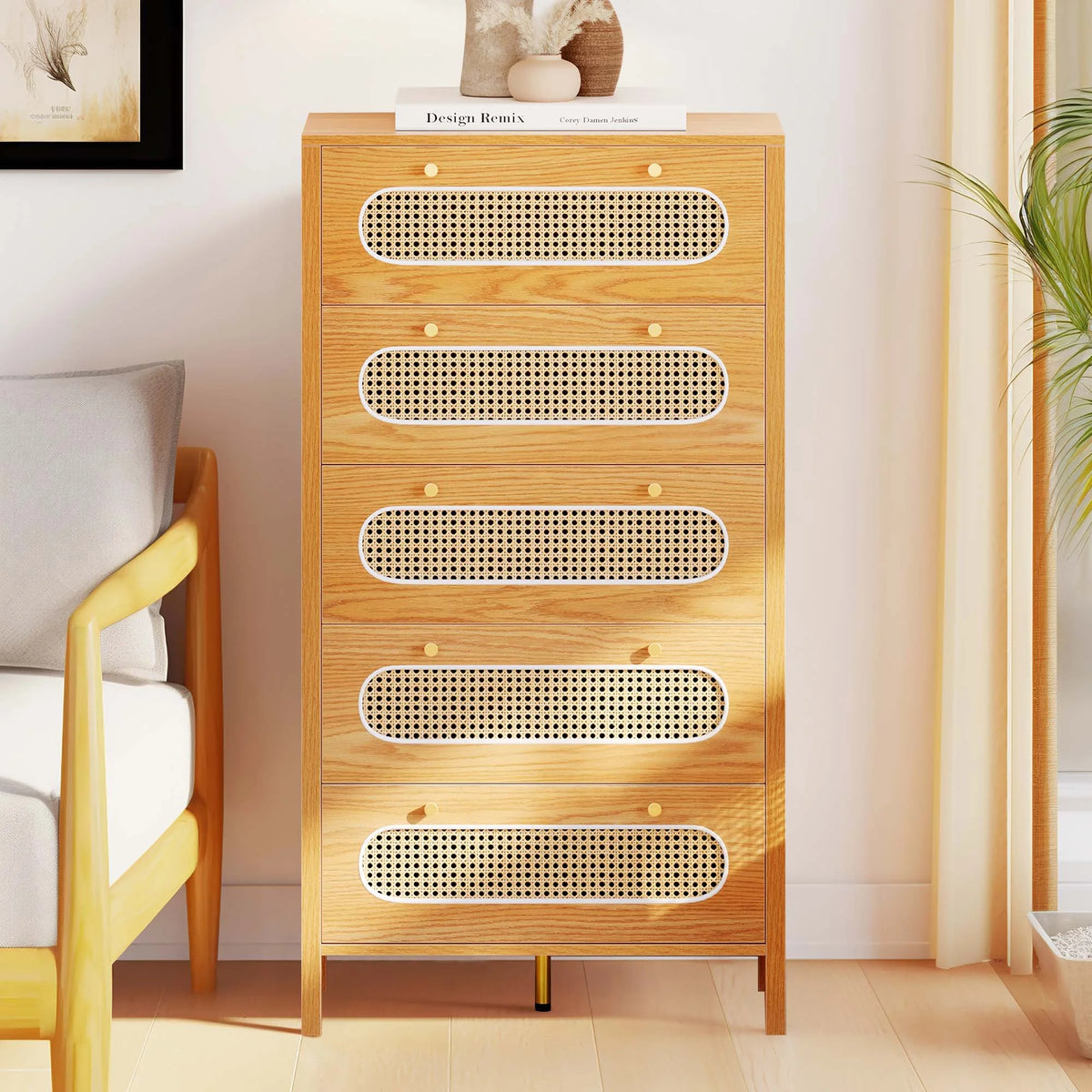 5 Drawer Tall Rattan Wood Dresser E126917