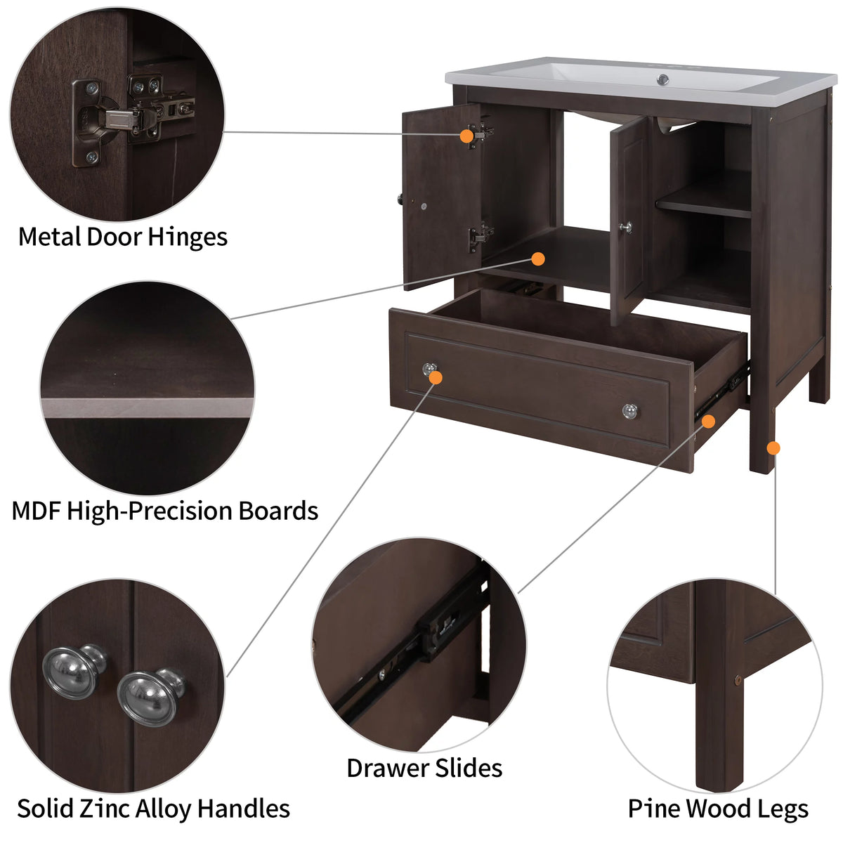 30" Brown Solid Wood Bathroom Vanity Base Only N2253