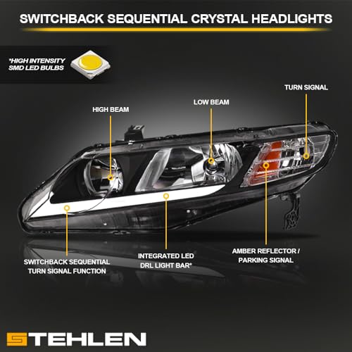 Compatible With 2006-2011 Honda Civic 4 Door Sedan Black LED Headlights K2156