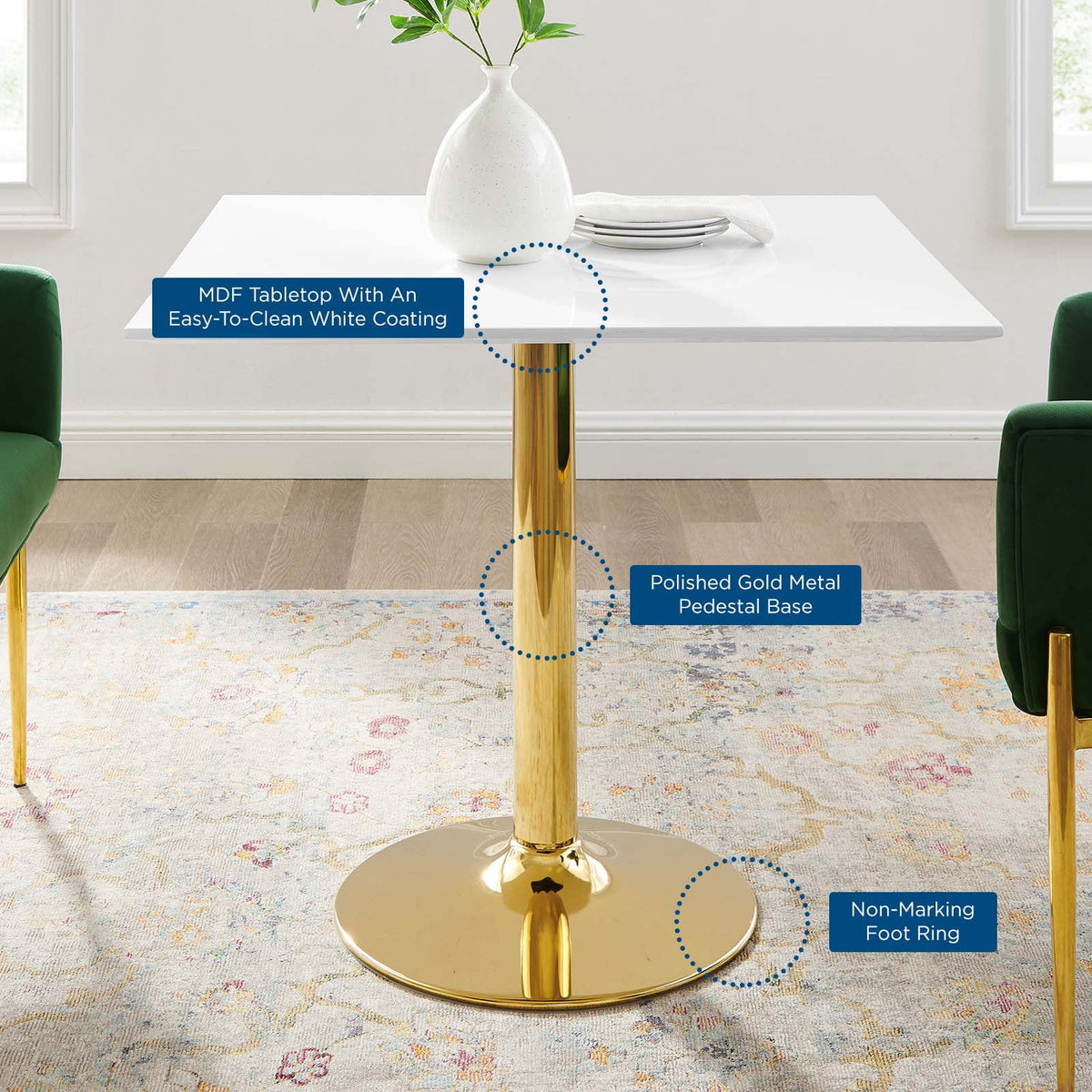 35 inch Square White Gold Wood Metal Dining Table D59067