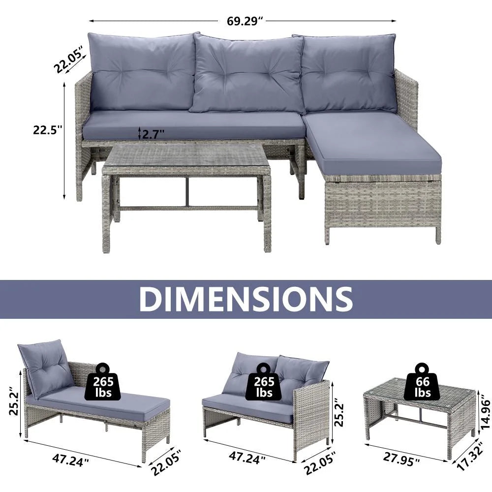 4 Piece PE Rattan Patio Sofa Set with Glass Table U995793
