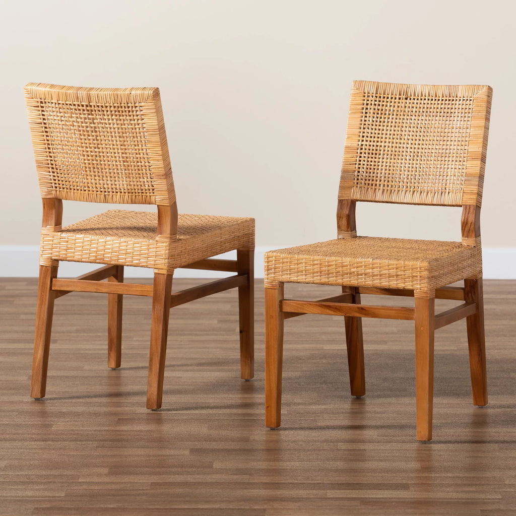 Natural Rattan and Walnut Brown Wood 2-Piece Dining Chair Set F448545