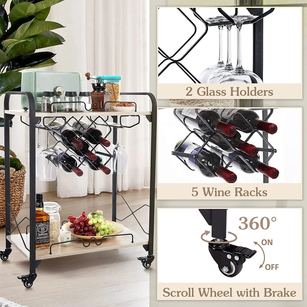 2-Tier Mobile Bar Cart with Wine Racks and Glass Holders D200322