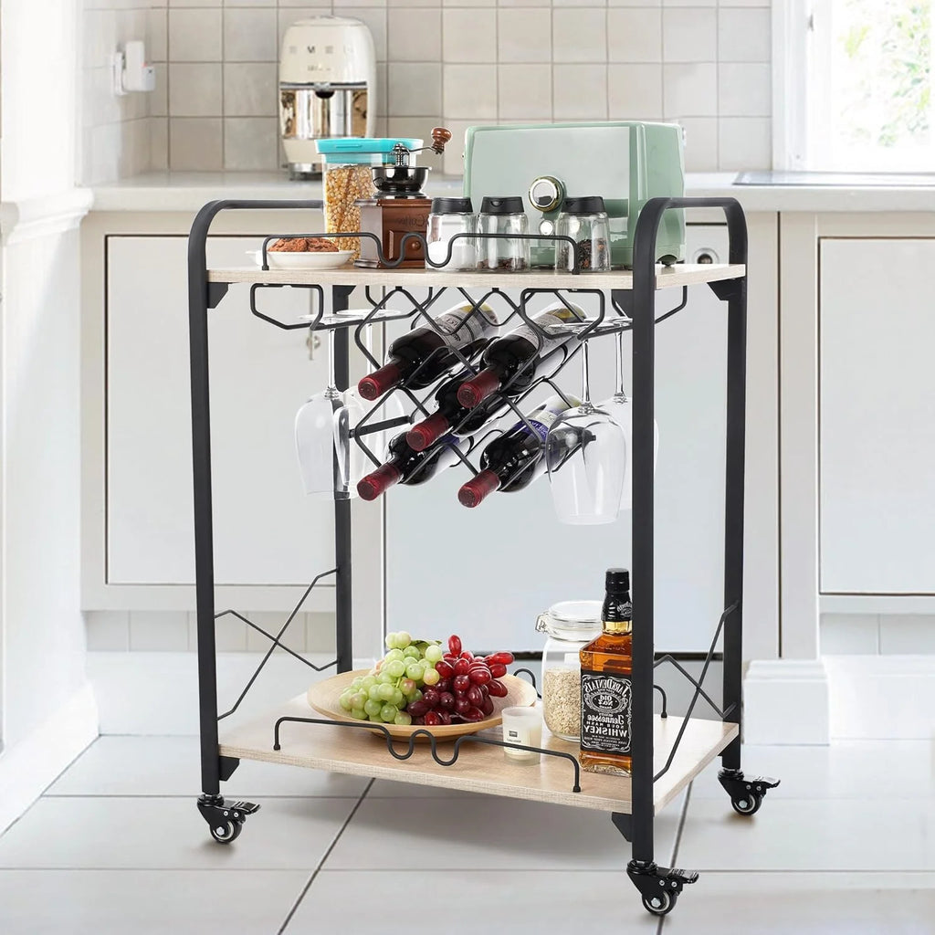 2-Tier Mobile Bar Cart with Wine Racks and Glass Holders D200322