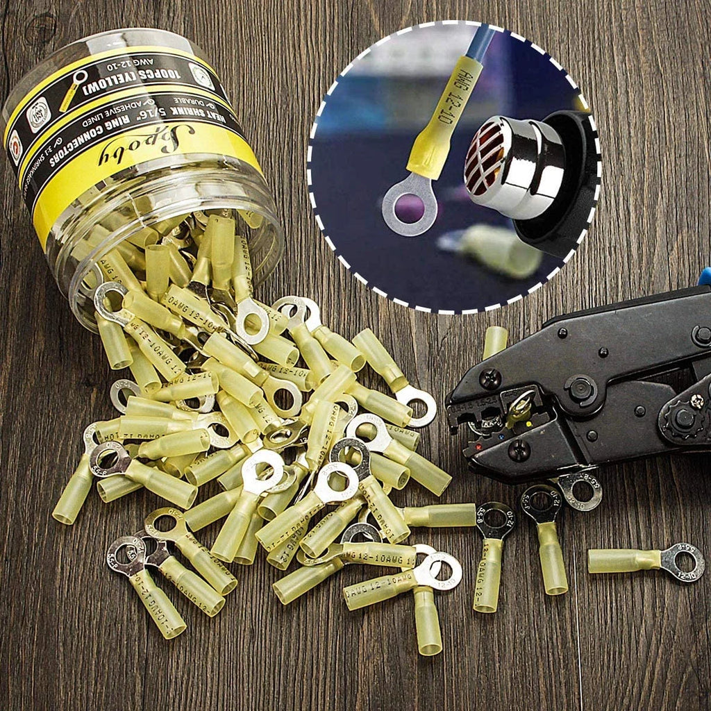 100PCS Heat Shrink Crimp Ring Connectors 5/16" Yellow 12-10 AWG A906775