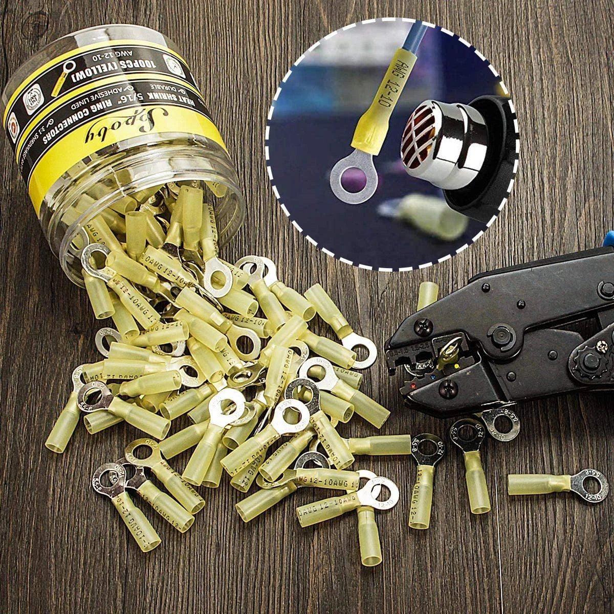 100PCS Heat Shrink Crimp Ring Connectors 5/16" Yellow 12-10 AWG A906775