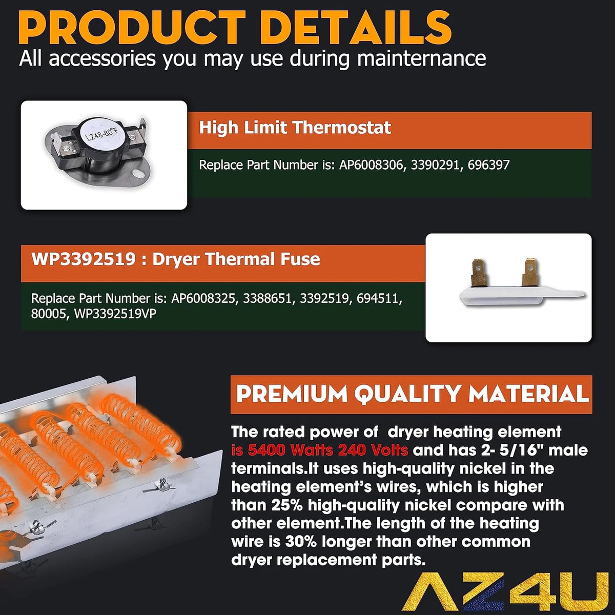 Dryer Heating Element with Thermal Fuse and Thermostat D6582