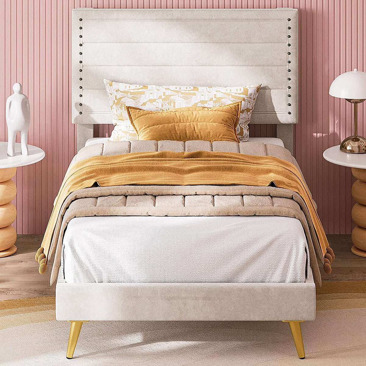Beige Upholstered Wood Twin Bed Frame J8329