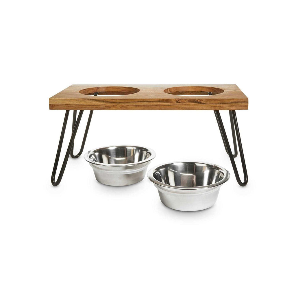 Elevated Wood Double Diner with Stainless-Steel Bowls F59029