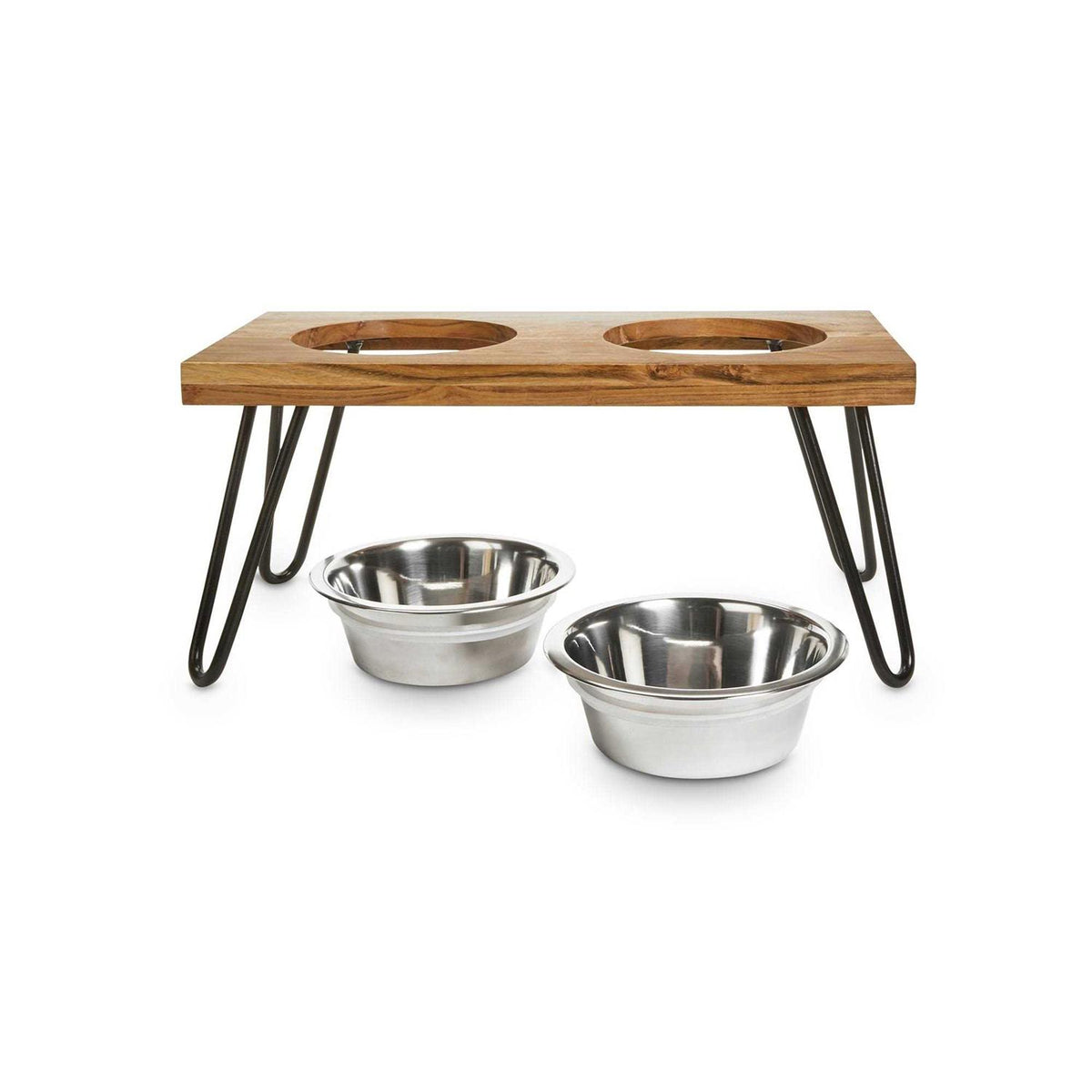Elevated Wood Double Diner with Stainless-Steel Bowls F59029