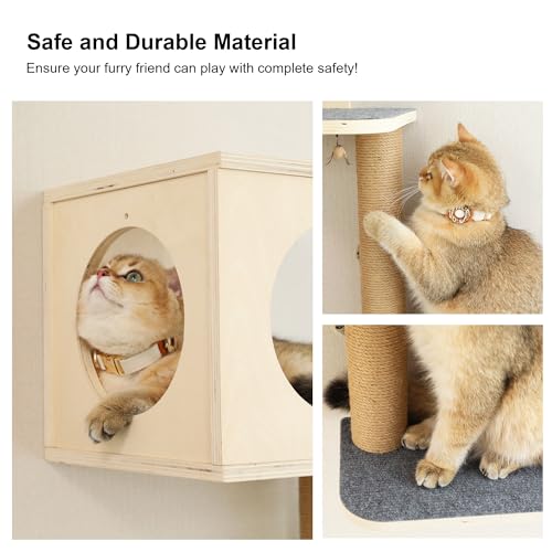 5-Piece Wooden Cat Wall Shelves with Hammock U3580