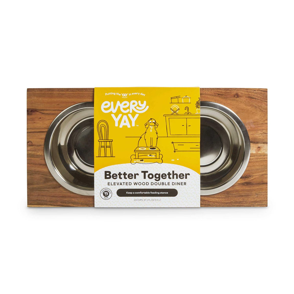 Elevated Wood Double Diner with Stainless-Steel Bowls F59029