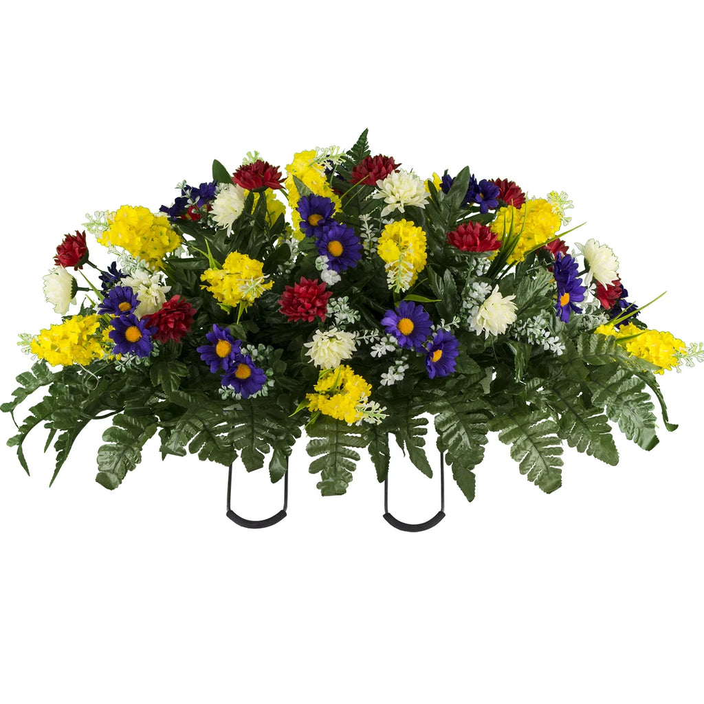 Cemetery Saddle with Red Yellow Purple Wildflowers M655