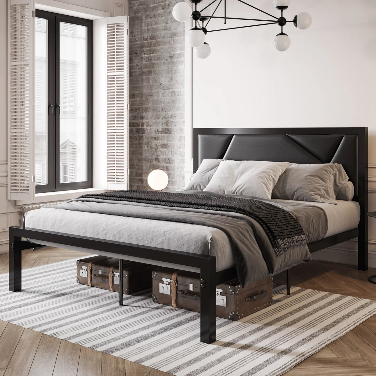 Black Queen Size Metal Platform Bed Frame with Leather Headboard C4366