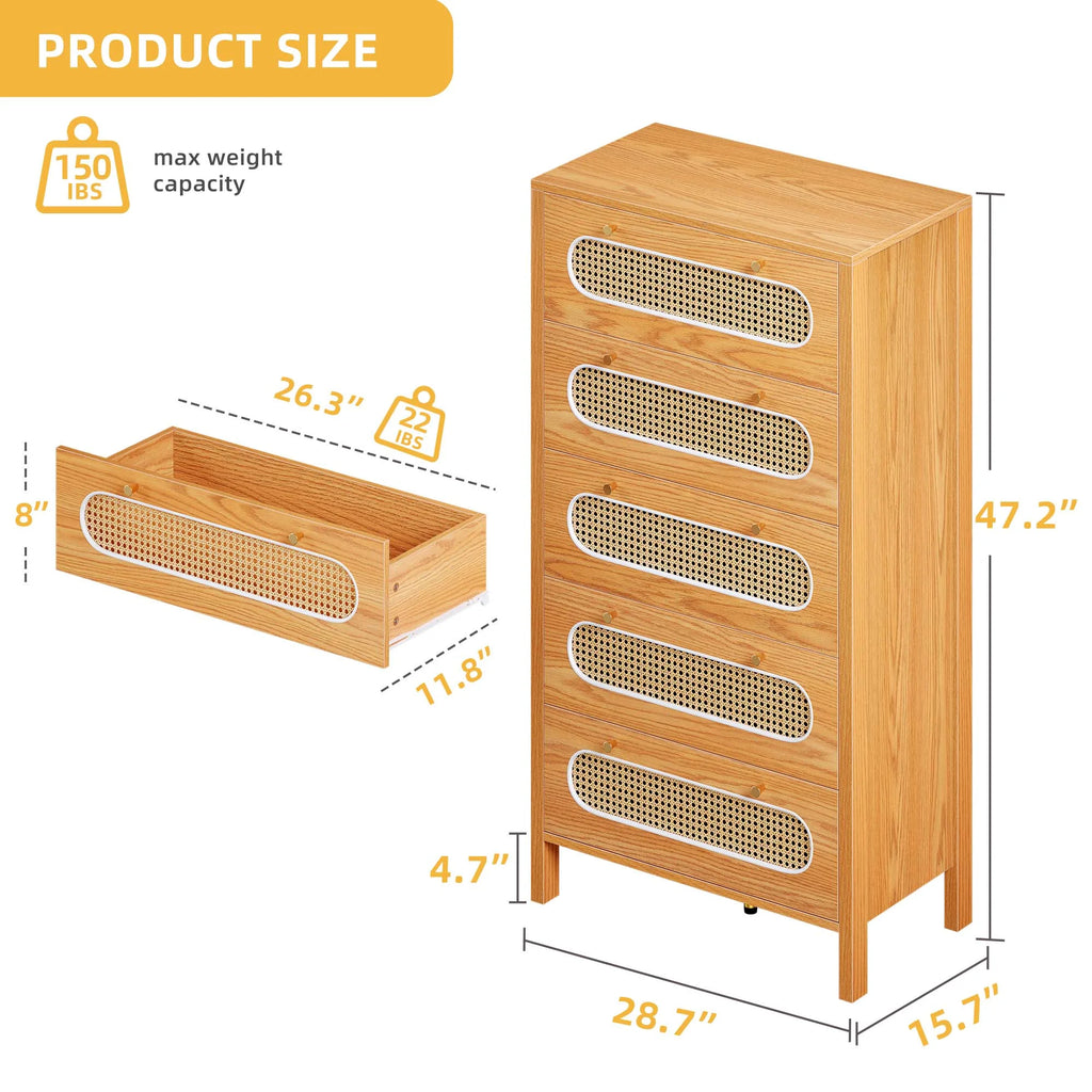 5 Drawer Tall Rattan Wood Dresser E126917
