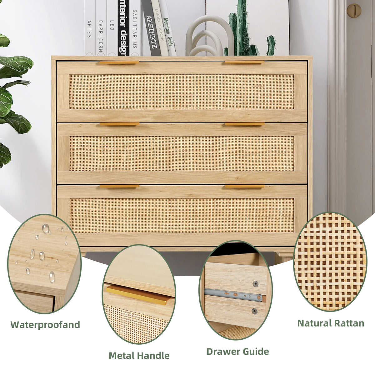 3 Drawer Rattan Wooden Dresser G630331