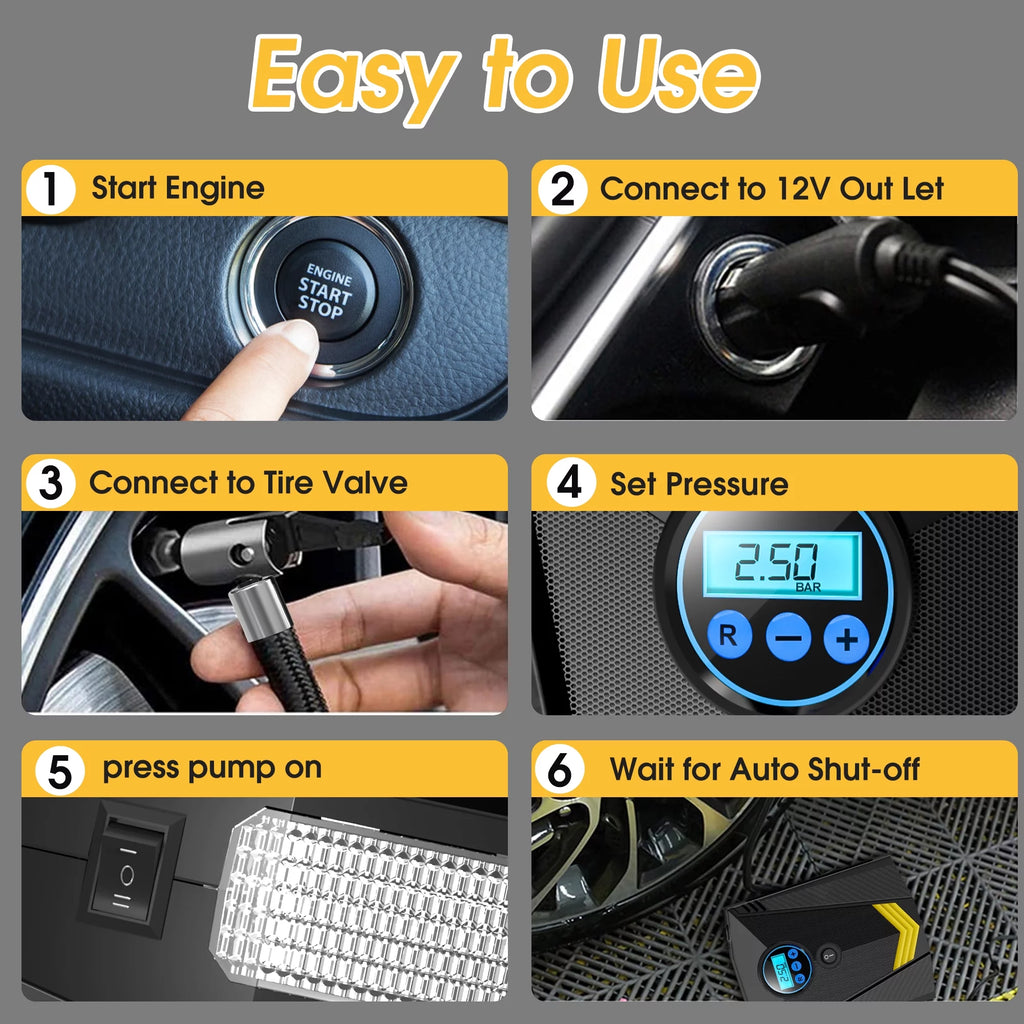 Portable 12V DC 150PSI Air Compressor Tire Inflator with LED Light Gauge W259