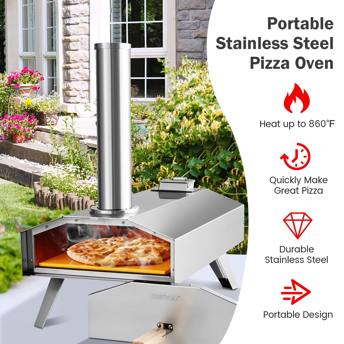 Portable Stainless Steel Wood Pellet Pizza Oven with 12” Pizza Stone N759