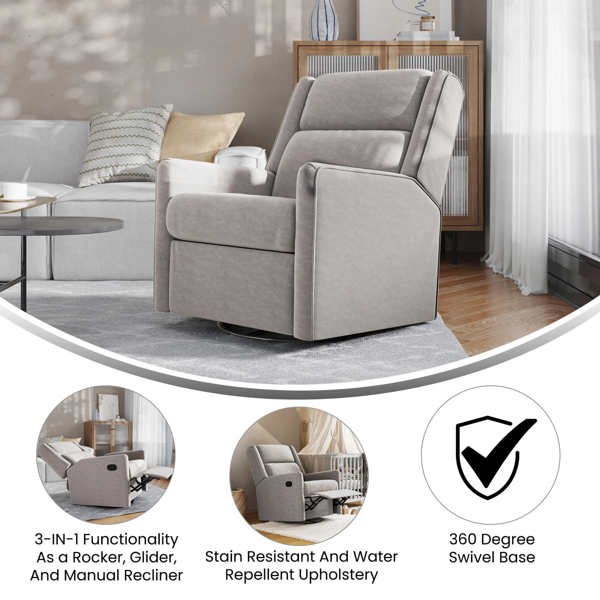 Light Gray Recliner Rocker Swivel Glider Chair K1964