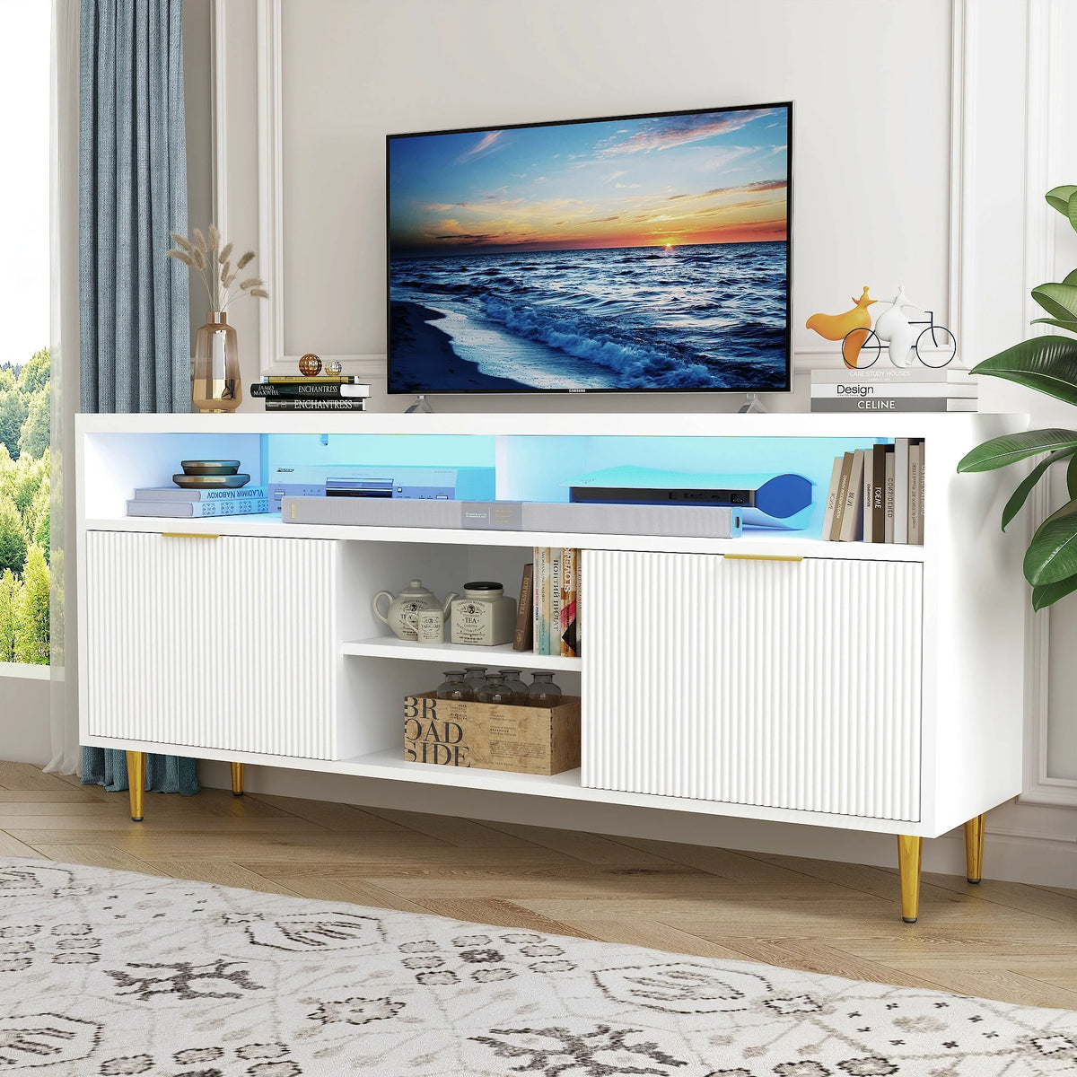White Wood TV Stand for 55 60 65 inch TV B37891