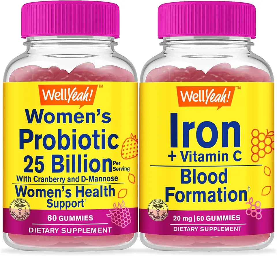 Probiotics 25B+ Cranberry D-Mannose Iron Vitamin C Gummies Bundle Gluten Free GMO Free Chewable Gummy Vitamin Supplement U481955