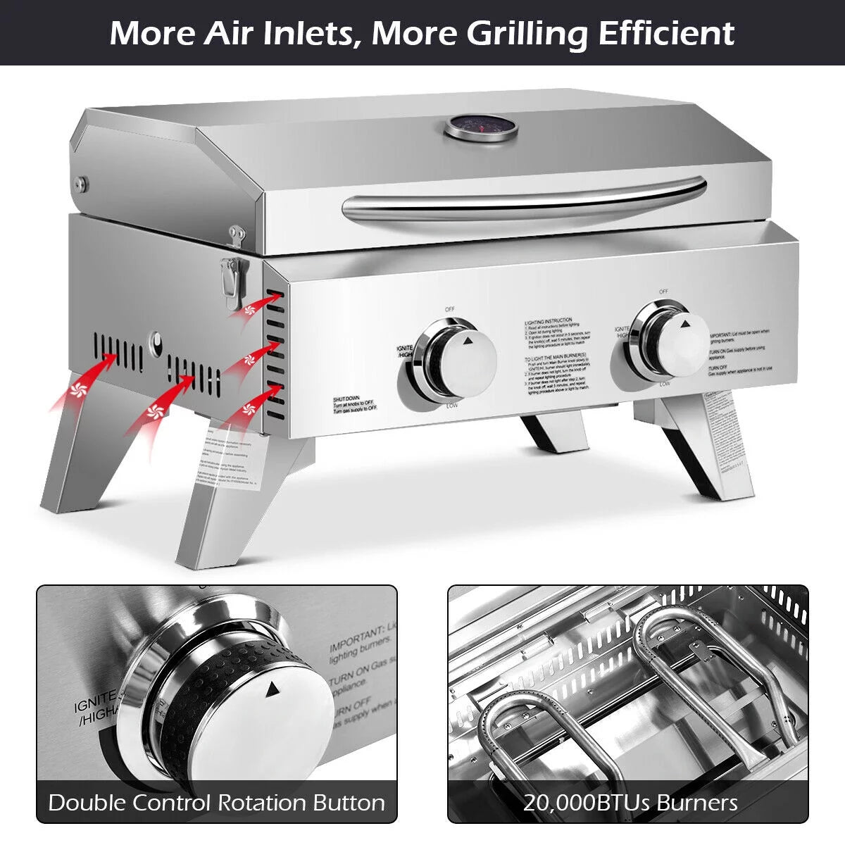 2 Burner Portable Propane Gas Grill Stainless Steel O583