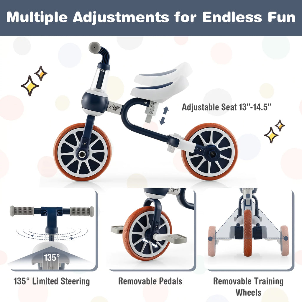 4 in 1 Kids Tricycles with Push Handle & Training Wheels Navy I7461