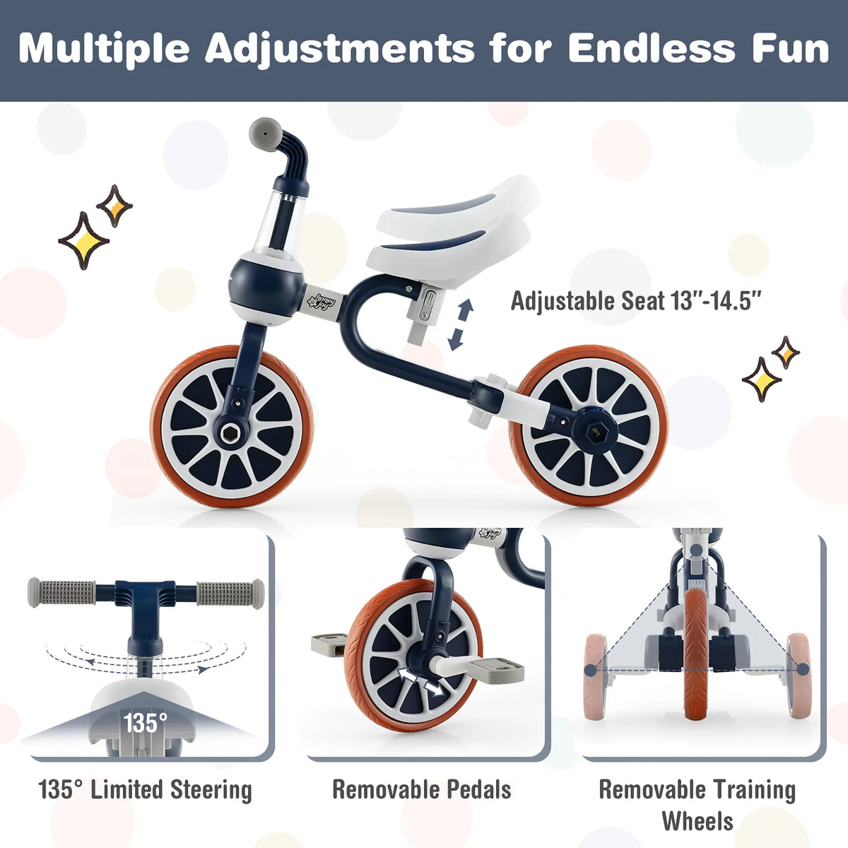4 in 1 Kids Tricycles with Push Handle & Training Wheels Navy I7461