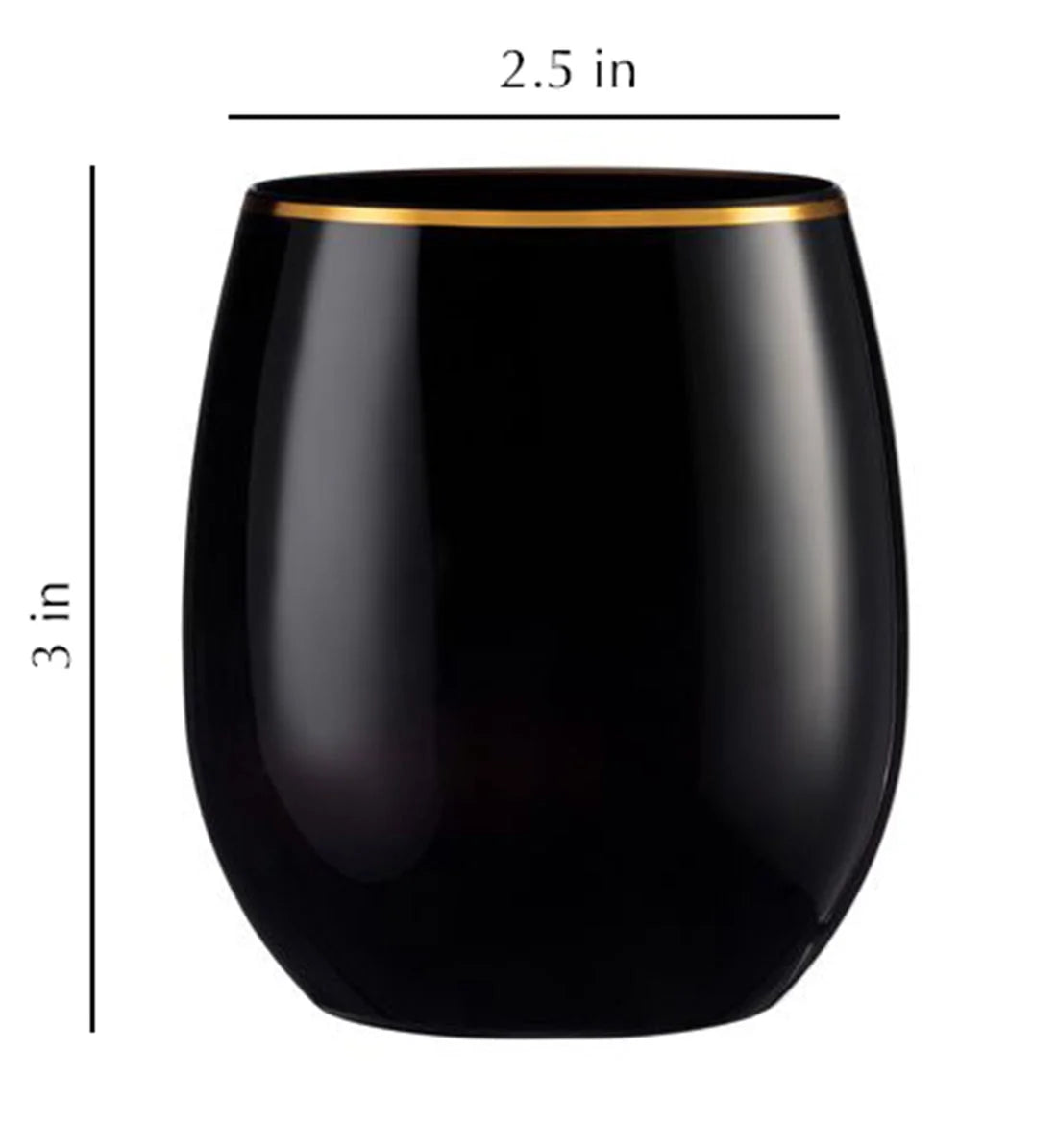Stemless Plastic Wine Goblet 12 oz Black Gold Rim Pack of 12 M7210